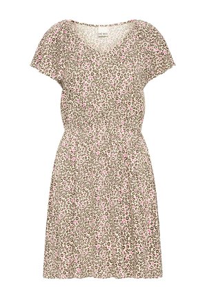 Abito a maniche corte con stampa leopardata beige, marrone e rosa, scollo a V e dettaglio arricciato in vita.