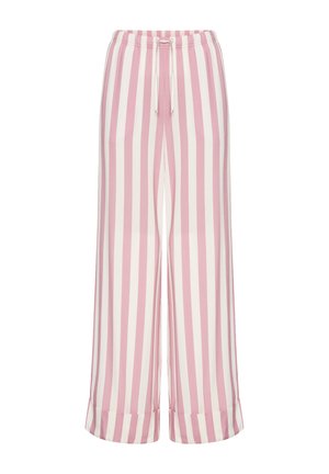 Hlače širokog kroja s ružičastim i bijelim vertikalnim prugama, elastičnim pojasom i zatvaračem sa vezicom, s naboranim rubovima.