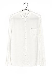 Camicia bianca a maniche lunghe realizzata in tessuto leggero, con chiusura frontale a bottoni, un sottile motivo a texture e una tasca sul petto.