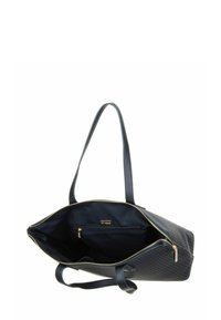 Sac cabas noir texturé avec fermeture éclair dorée, longues anses et ouverture supérieure révélant une poche intérieure zippée et une doublure en tissu.