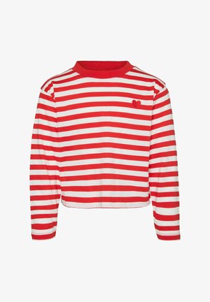 Maglietta a maniche lunghe a righe rosse e bianche con scollatura rotonda e un piccolo dettaglio a forma di cuore rosso sul petto sinistro. Tessuto morbido e casual.