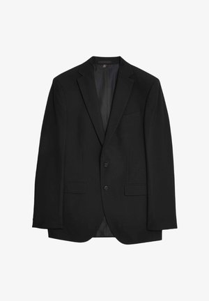 Zwarte blazer met een klassieke snit, twee knopen, gesneden revers, voorzakken en een gladde textuur. De binnenvoering is donker.