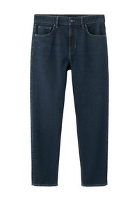 Vaqueros de mezclilla azul oscuro con un diseño de pierna recta. Incluye cierre de botón y presillas para cinturón, con dos bolsillos delanteros y una textura refinada.