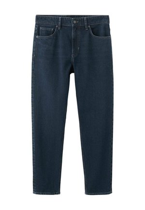 Vaqueros de mezclilla azul oscuro con un diseño de pierna recta. Incluye cierre de botón y presillas para cinturón, con dos bolsillos delanteros y una textura refinada.