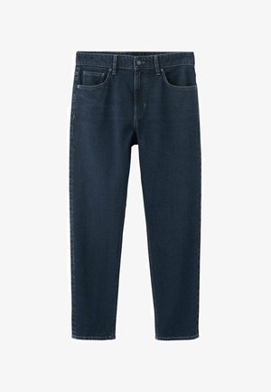 Vaqueros de mezclilla azul oscuro con un diseño de pierna recta. Incluye cierre de botón y presillas para cinturón, con dos bolsillos delanteros y una textura refinada.