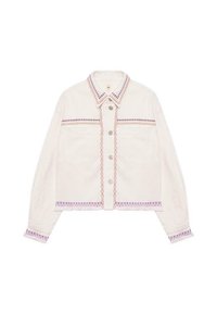Chaqueta de mezclilla blanca cortada con coloridos bordados en el cuello y el dobladillo, con cierre de botones y dos bolsillos delanteros.