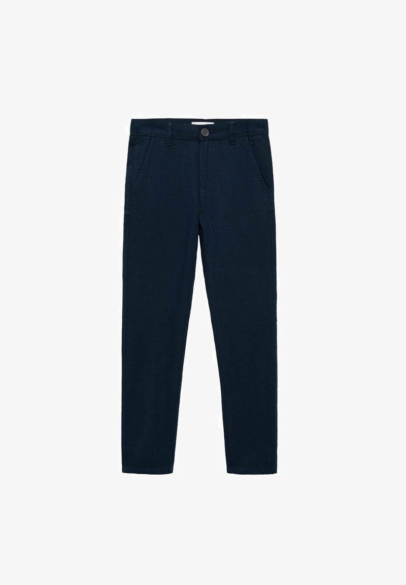 Námornícke modré bavlnené nohavice so sivým strihom, predné vrecká, pútka na opasok a zapínanie na gombík. Hladká textúra, bez výrazných vzorov alebo akcentov.