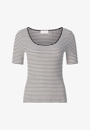 Schwarz-weiß gestreiftes Kurzarm-Oberteil mit einem gerippten Muster und einem Rundhalsausschnitt. Das Design zeichnet sich durch gleichmäßig verteilte horizontale Streifen aus.
