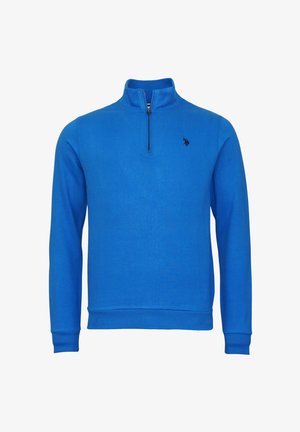 Blå sweatshirt lavet af blødt stof. Har en kvart lynlås krave, lange ærmer og et lille sort logo på brystet.