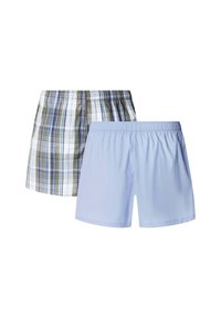 Deux paires de shorts : l'une à carreaux verts, bleus et blancs, l'autre unie en bleu clair. Les deux ont une taille élastique.