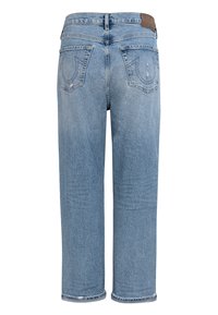 Jeans en denim bleu clair avec une coupe décontractée, des jambes droites et une taille mi-haute. Dotés de poches arrière avec des détails brodés et d'une étiquette en cuir.