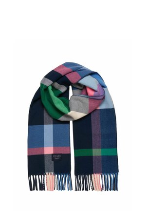 Wollschal mit mehrfarbigem Karomuster in Blau, Grün, Pink und Creme, fransige Ränder und ein kleines Markenlabel.