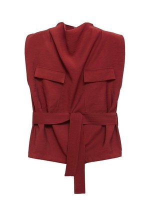 Red wrap top made of soft fabric, featuring a high neck, two front pockets, a belt, and a loose fit design.