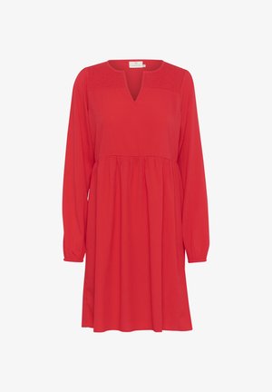 Rochie roșie cu mâneci lungi, decolteu în V și detalii plisate la umeri. Croi evazat, lejer, cu talie strânsă pentru un plus de volum.