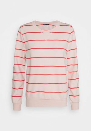 Lichtroze sweatshirt met horizontale rode strepen, ronde hals, lange mouwen en geribde boorden en zoom. Gemaakt van zachte, textuurrijke stof.
