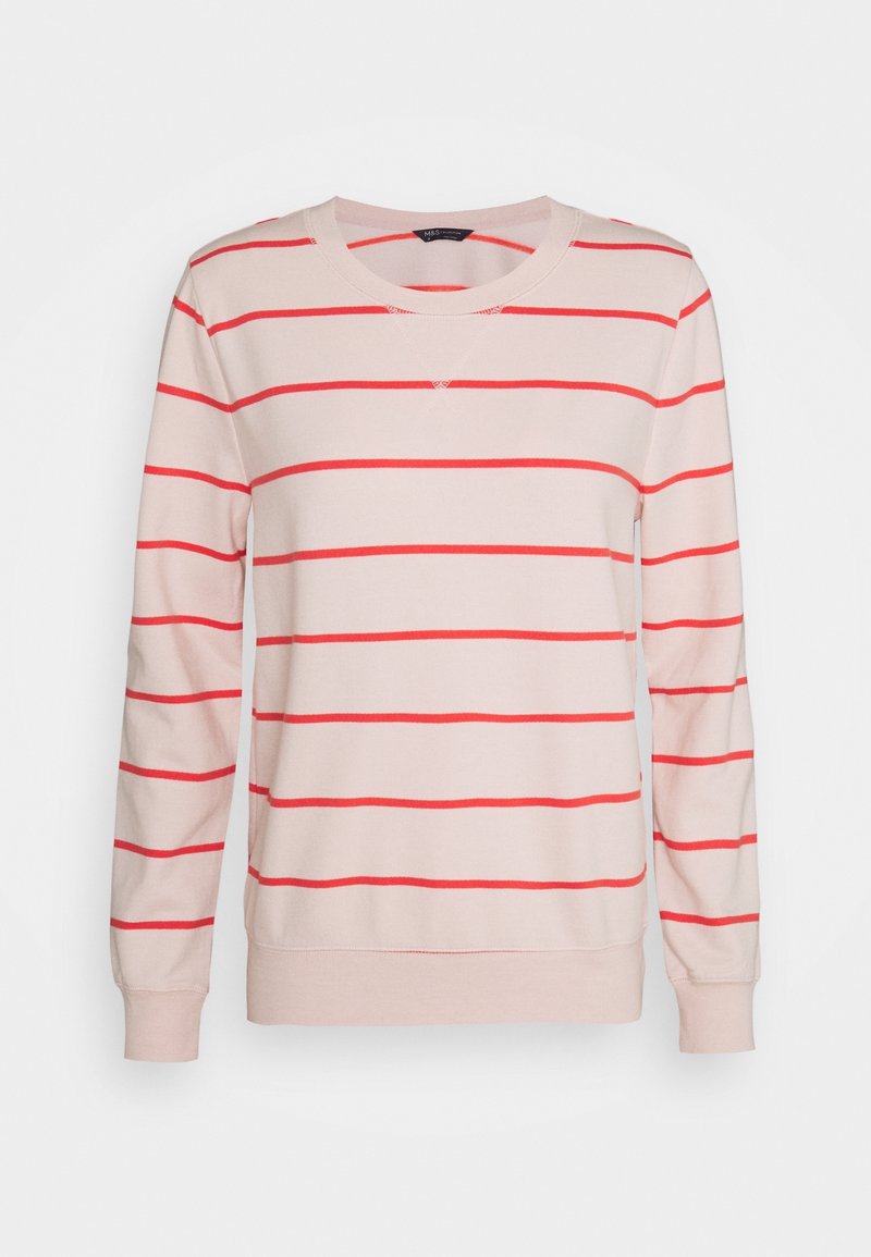 Ljusrosa sweatshirt med horisontella röda ränder, rundad halsringning, långa ärmar samt ribbade muddar och nederkant. Tillverkad av mjukt, texturerat tyg.
