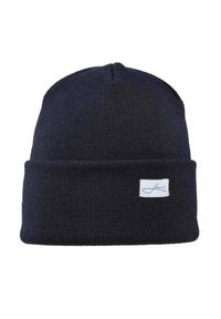 Dark navy knit beanie with ribbed texture, featuring a folded cuff and a small white label on the front with a handwritten-style logo.