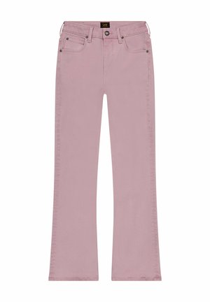 Jeans a zampa d'elefante in cotone rosa morbido con cinque tasche, rivetti metallici e chiusura con bottone. Cuciture pulite e vita a media altezza.