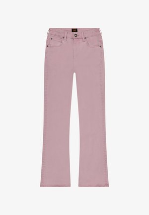 Flared jeans in zachtroze katoen met vijf zakken, metalen klinknagels en een knoopsluiting. Schoon gestikte naden en een middelhoge tailleband.