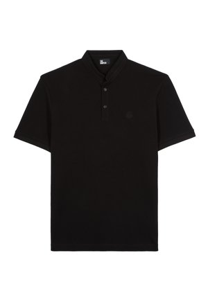Black polo shirt made of cotton with a fold-over collar, three-button placket, and a small logo on the chest. Short sleeves, simple design.