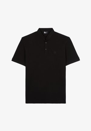 Black polo shirt made of cotton with a fold-over collar, three-button placket, and a small logo on the chest. Short sleeves, simple design.