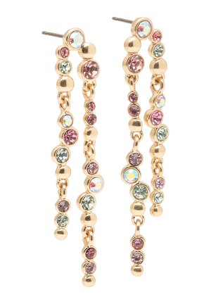 Pendientes de aro dorados con piedras preciosas multicolores colgantes en tonos rosa, verde, púrpura y iridiscentes.