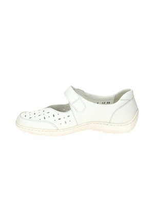 White leather closed-toe Mary Jane shoe with perforated floral patterns and a Velcro strap across the instep for secure fit.