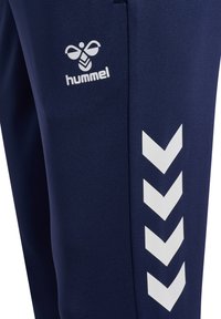 Nahaufnahme von marineblauen Hosen mit weißem Hummel-Logo und vier nach unten zeigenden Chevron-Streifen an der Seite.