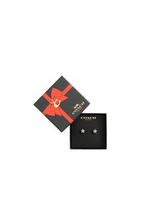 Boucles d'oreilles en forme d'étoile en argent, présentées dans une boîte noire avec un ruban rouge et un nœud, arborant le logo Coach sur le couvercle.