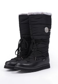 Sorte vinterstøvler med en quiltet overdel, faux fur-foring og en gummisål. Har snørebånd, en sølvlogo-detalje og forstærket tå.