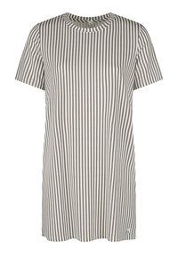 Gestreiftes T-Shirt mit kurzen Ärmeln, das abwechselnd braune und weiße vertikale Streifen aufweist, eine weiche Textur hat und einen runden Ausschnitt besitzt.