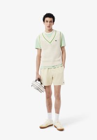 Chaleco de punto blanco sobre una camiseta de rayas verdes, pantalones cortos a cuadros amarillos y zapatillas color crema. Sostiene un pequeño bolso a rayas. Fondo blanco.