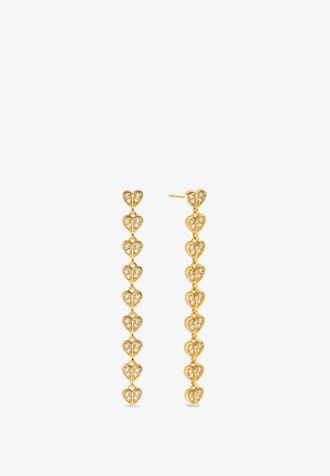 Pendientes colgantes de tono dorado que presentan una serie de formas de corazón enlazadas, cada una adornada con esmaltes claros para un brillo añadido.