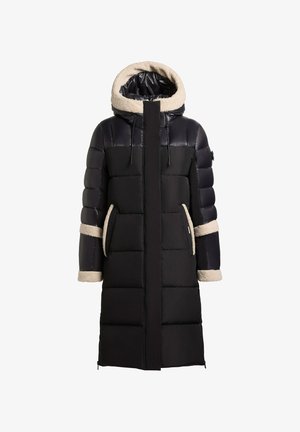 Sort dunjakke med en skinnende topsektion, bløde beige detaljer på kraven og lommerne samt et langt, lige design.