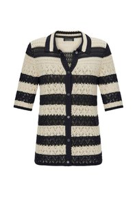 Cardigan en tricot à manches courtes avec des rayures horizontales noires et beiges, ouverture à boutons sur le devant, et un col.