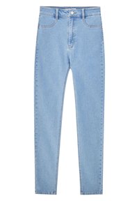 Jeans de mezclilla azul claro con una textura suave, de cintura alta, diseño de cinco bolsillos y cierre de botón en la parte frontal.