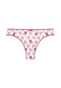 Weißer Tanga mit rotem Zuckerstangen- und Herzmuster, elastischem Bund und dekorativem pinken Bogen vorne. Mit roter Naht verziert.
