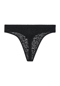 Schwarzes Tanga mit floraler Spitzen-Optik und glattem Bund, aus einem durchsichtigen Material mit dreieckiger Form. Keine sichtbaren Beschläge oder Akzente.