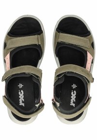 Zelené a růžové sandály s designem na suchý zip, černým měkkým podšívkami, širokou základnou aTexturovanou podrážkou. Obsahují logo značky na vnitřní straně.