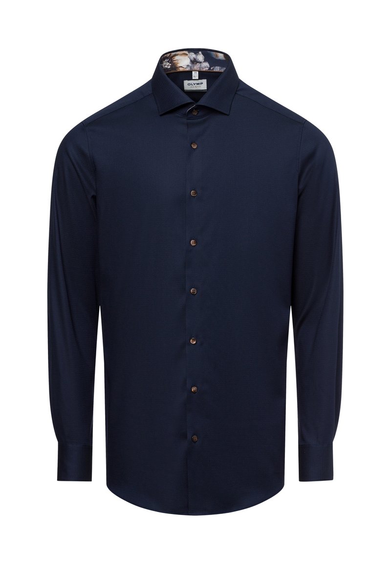 Marineblaue langärmlige Button-Up-Bluse aus strukturiertem Stoff, braunen Knöpfen und einem gemusterten Innenkragen. Slim-Fit, klassisches Design.