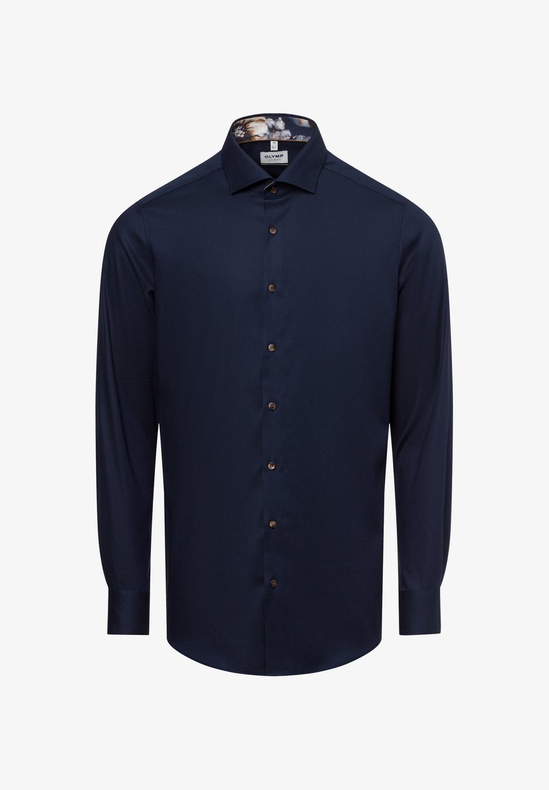Marineblaue langärmlige Button-Up-Bluse aus strukturiertem Stoff, braunen Knöpfen und einem gemusterten Innenkragen. Slim-Fit, klassisches Design.