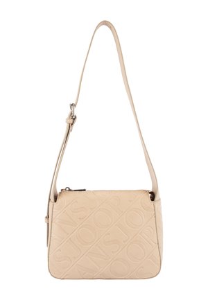 Borsa a tracolla in pelle beige con scritta diagonale del marchio in rilievo e tracolla regolabile con fibbia metallica.