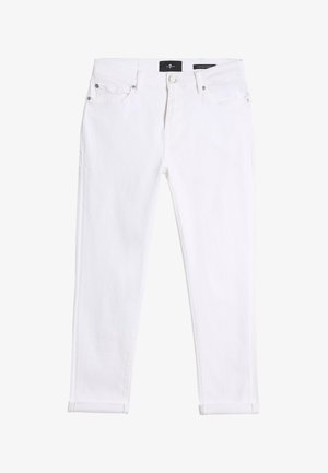 Jeans en denim blanc avec une coupe droite, cinq poches, éléments en métal et ourlets retroussés. Texture lisse et finition soignée.