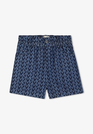 Shorts bleus avec un motif en chevrons géométriques dans des tons plus foncés et plus clairs. Ils disposent d'une taille élastique et d'une petite poche latérale.