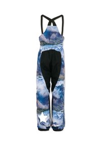 Ski overall met een blauw berglandschap print, zwarte accenten, verstelbare banden en een witte sterdetail op het lagere linkerbeen.