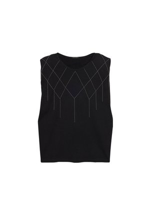 Top sans manches noir avec un motif géométrique en losange en fil métallique sur le devant, fabriqué en tissu en coton doux.