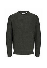 Maglione lavorato a maglia di colore verde scuro con colletto rotondo, motivo testurizzato e polsini e orlo a coste. Realizzato in un materiale morbido, adatto per un abbigliamento informale.