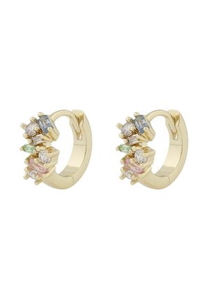 Gold hoop earrings featuring multi-colored gemstones, including blue, green, and pink, arranged in a clustered design with prong settings.