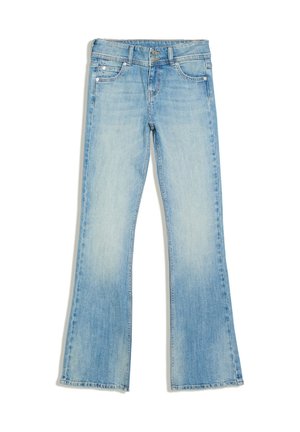 Jean en denim bleu clair avec légère décoloration, style bootcut, deux poches avant, une poche ticket et fermeture de taille à double bouton.