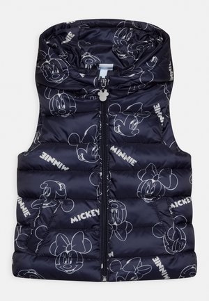Marineblauwe puffer-vest met witte lijntekeningen van Mickey en Minnie Mouse, rits aan de voorkant en capuchon. Lichtgewicht, gewatteerd design met zijzakken.